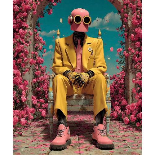 Person in a yellow suit and pink helmet sitting in a garden of pink roses.