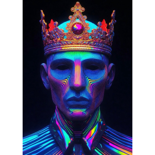 Colorful, futuristic portrait with a crown on a black background