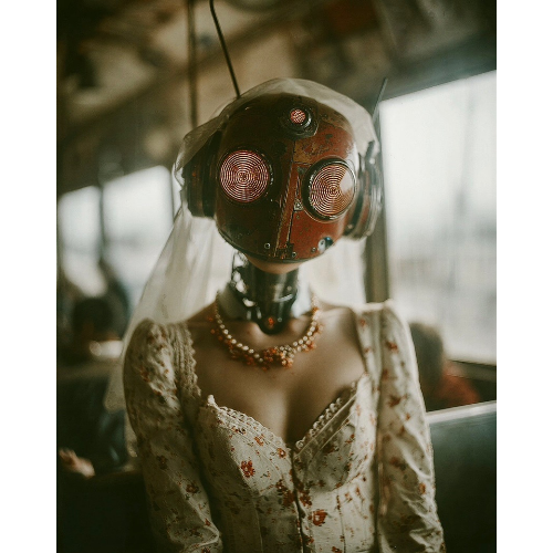Person wearing a vintage dress and robot helmet in an indoor setting