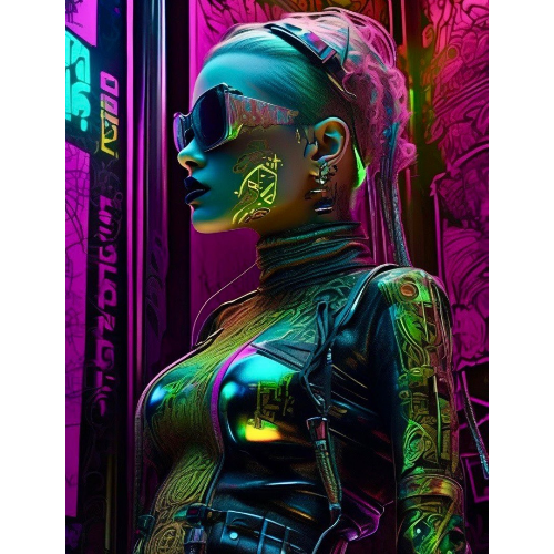 Cyberpunk-style character with neon colors and futuristic design.