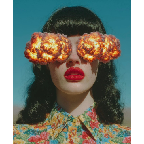 Person wearing sunglasses with fiery design against a blue sky