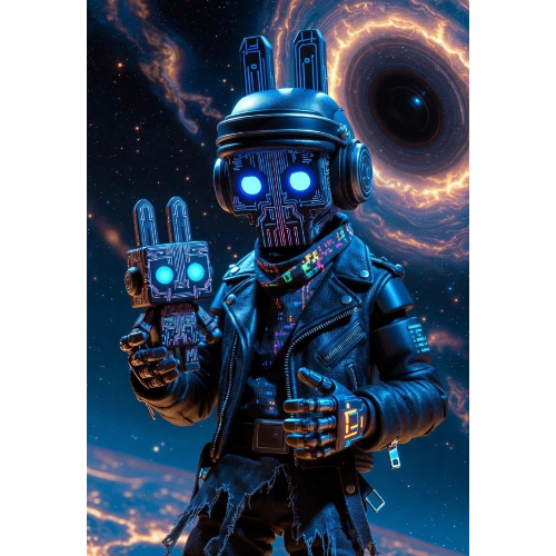 Robot holding a small robot against a space-themed background