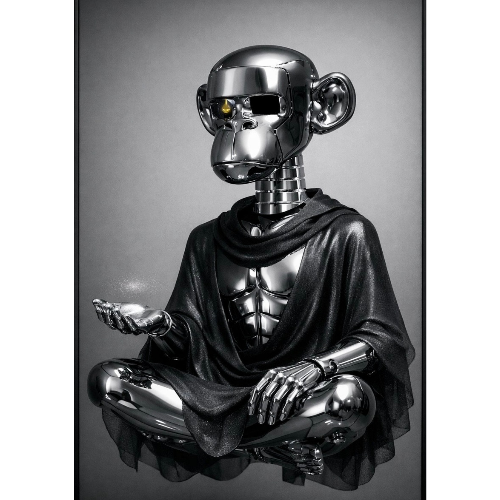 Robot monkey in a meditative pose on a gray background