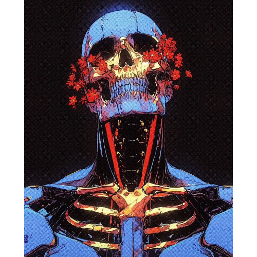 Artistic depiction of a skeleton with red flowers on a black background