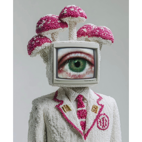 Person wearing a headpiece with pink and white mushrooms and a screen displaying an eye.