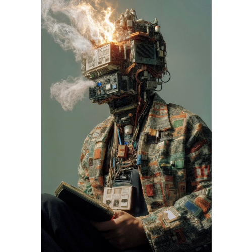 Person wearing a jacket made of recycled materials with electronic components and flames.