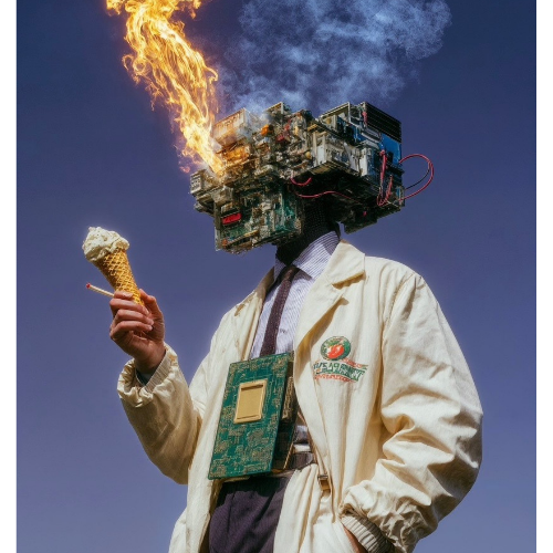 Person wearing a computer motherboard helmet with flames and smoke, holding a burning ice cream cone against a blue sky.