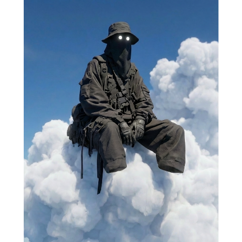 Person in dark costume with mask sitting on a cloud against a blue sky