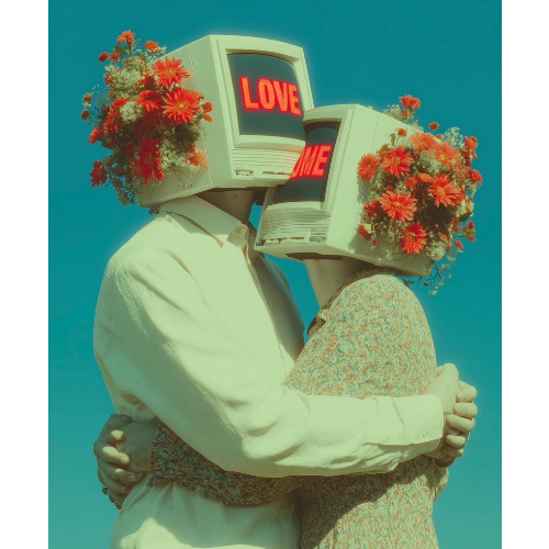 Two people with computer monitors for heads, displaying 'LOVE' and 'ONE', surrounded by flowers against a teal background.