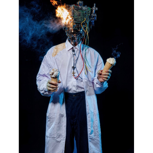 Person in a lab coat with a fiery head holding ice cream cones against a dark background