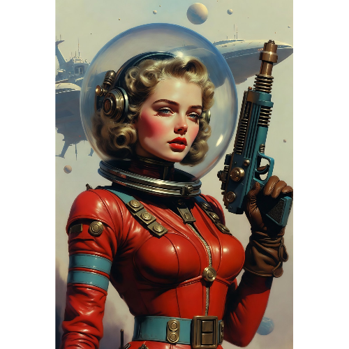 Woman in a red astronaut suit holding a futuristic weapon with space-themed background