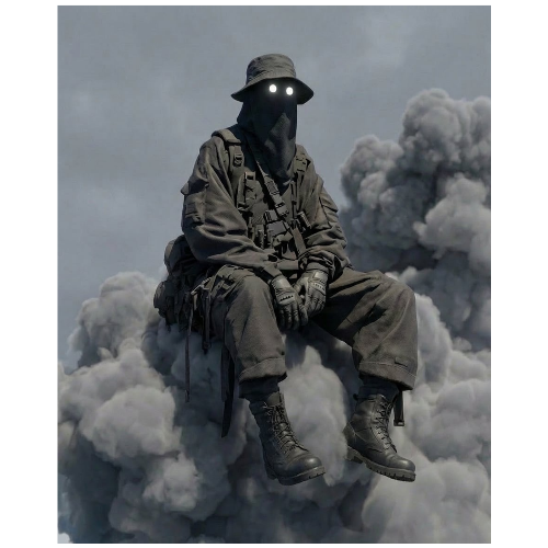 Person in military gear sitting on a cloud with smoke in the background
