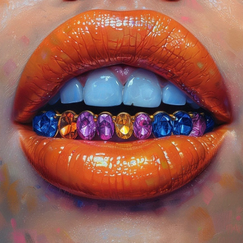 Close-up of orange lips with colorful gemstone grill on teeth