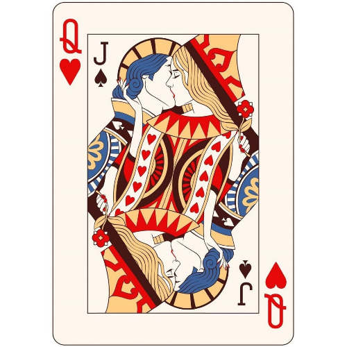 Playing card featuring a decorative design of a queen and a jack with intricate patterns and colors.