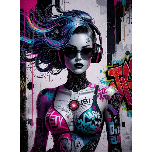 Graffiti-style artwork of a person with headphones and colorful design elements on a textured background.