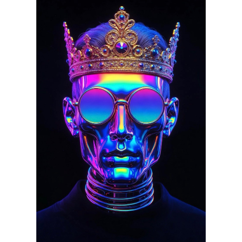 Multicolored head sculpture with a crown on a black background