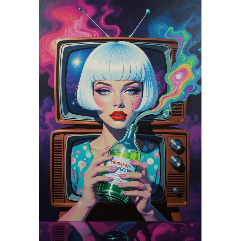 Artistic depiction of a woman holding a bottle with a vintage TV in the background