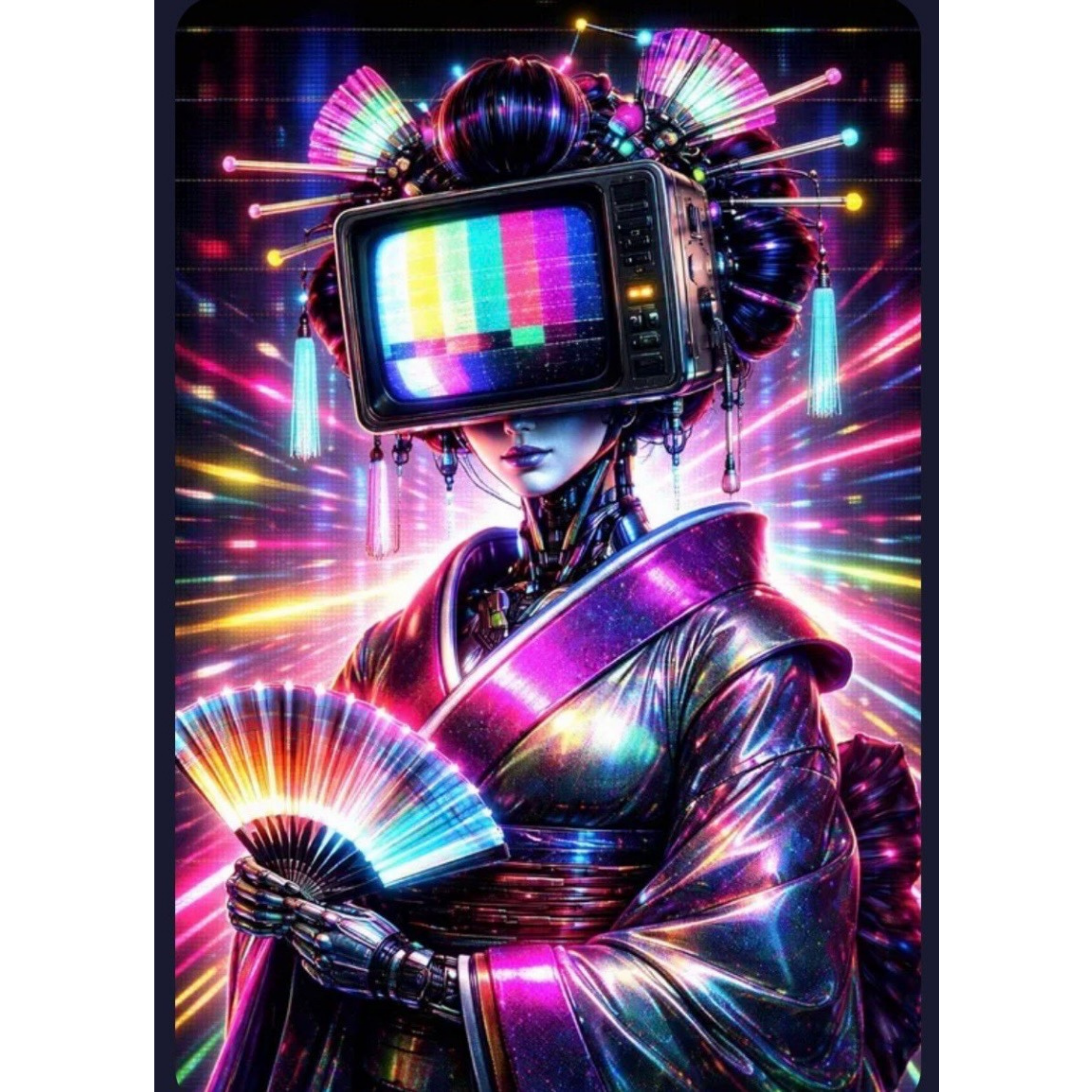 Neon-themed robot with a TV screen head on a colorful background