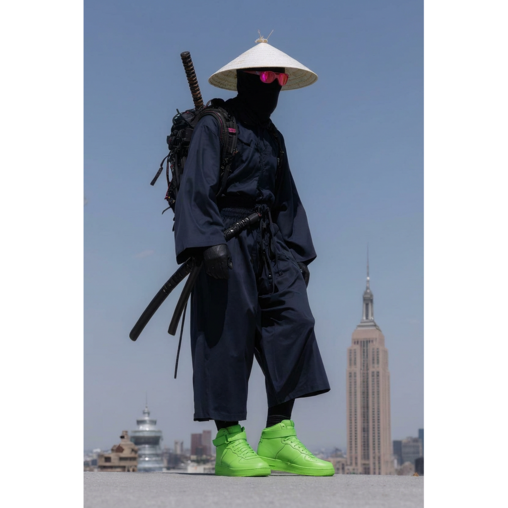 Person in dark outfit with white hat and neon green shoes standing against a city skyline.