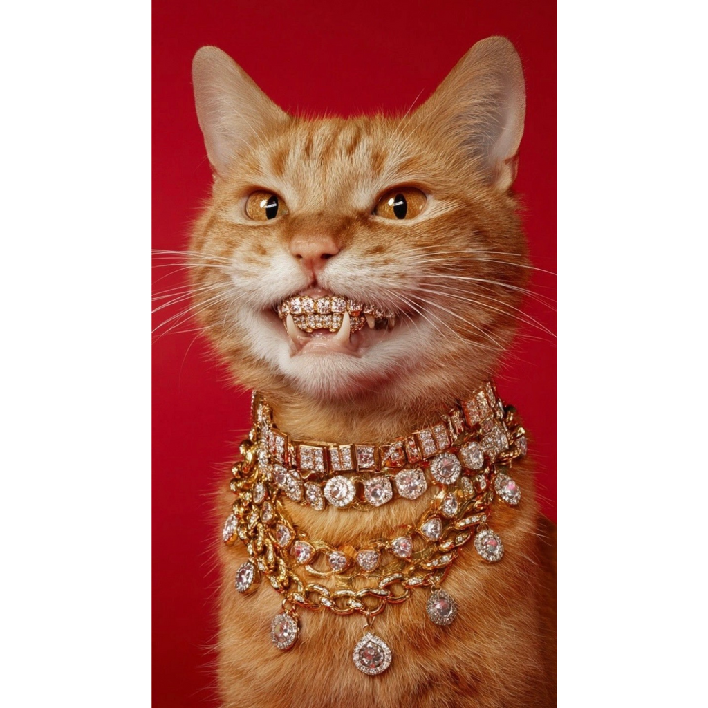 Cat wearing gold jewelry and braces on a red background
