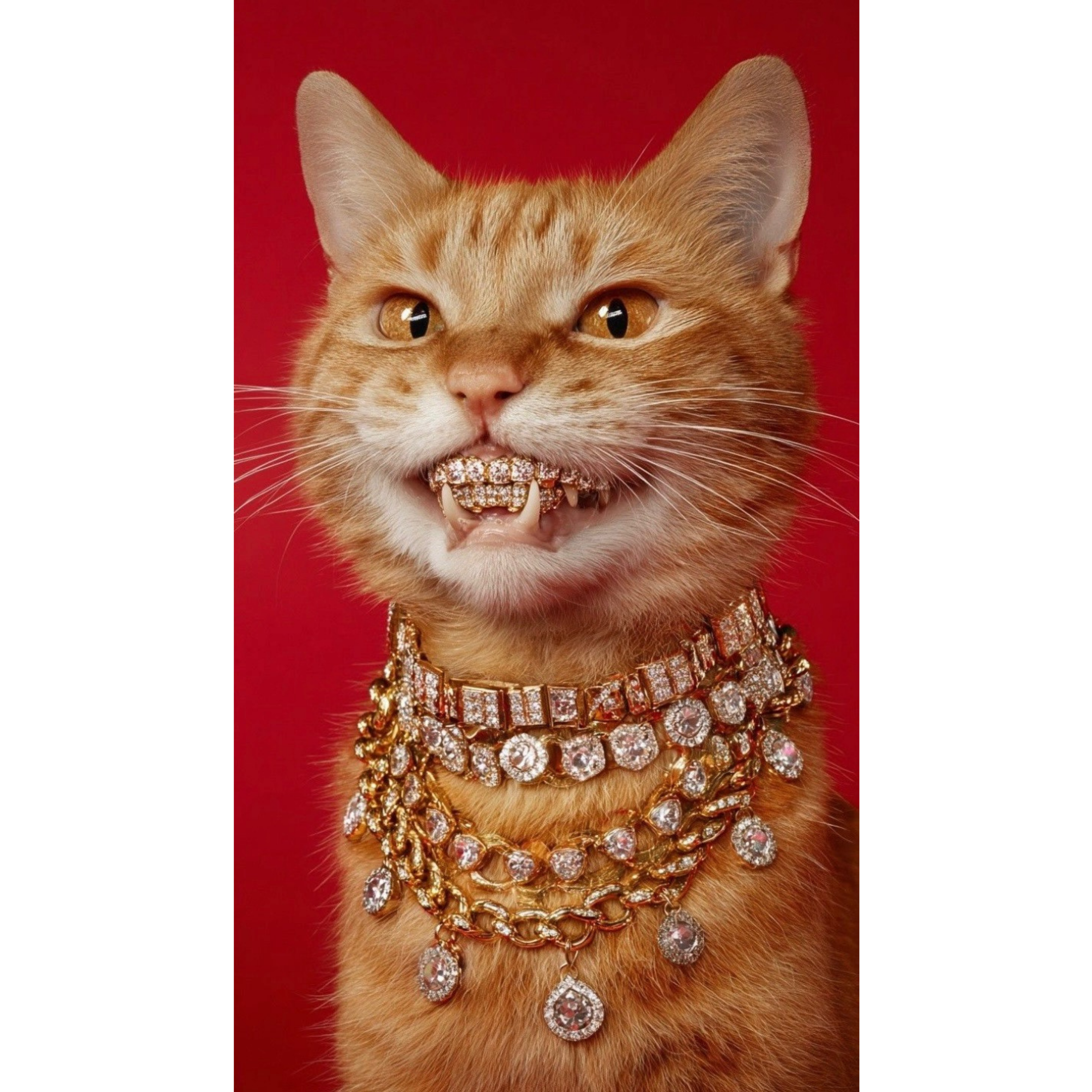 Cat wearing gold jewelry and braces on a red background