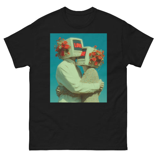 Black t-shirt with a graphic of two TV heads hugging and wearing flower crowns on a teal background.