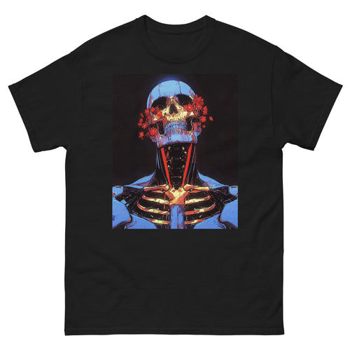 Black t-shirt with a colorful skeleton and floral design on a white background
