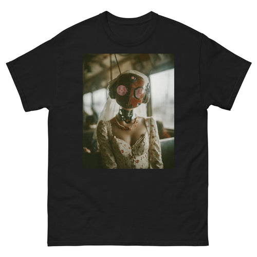 Black t-shirt with a robot wearing a dress printed on it