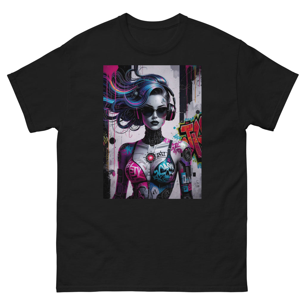 Black t-shirt with a colorful graphic of a woman with tattoos and headphones on a white background