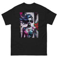 Black t-shirt with a colorful graphic of a woman with tattoos and headphones on a white background
