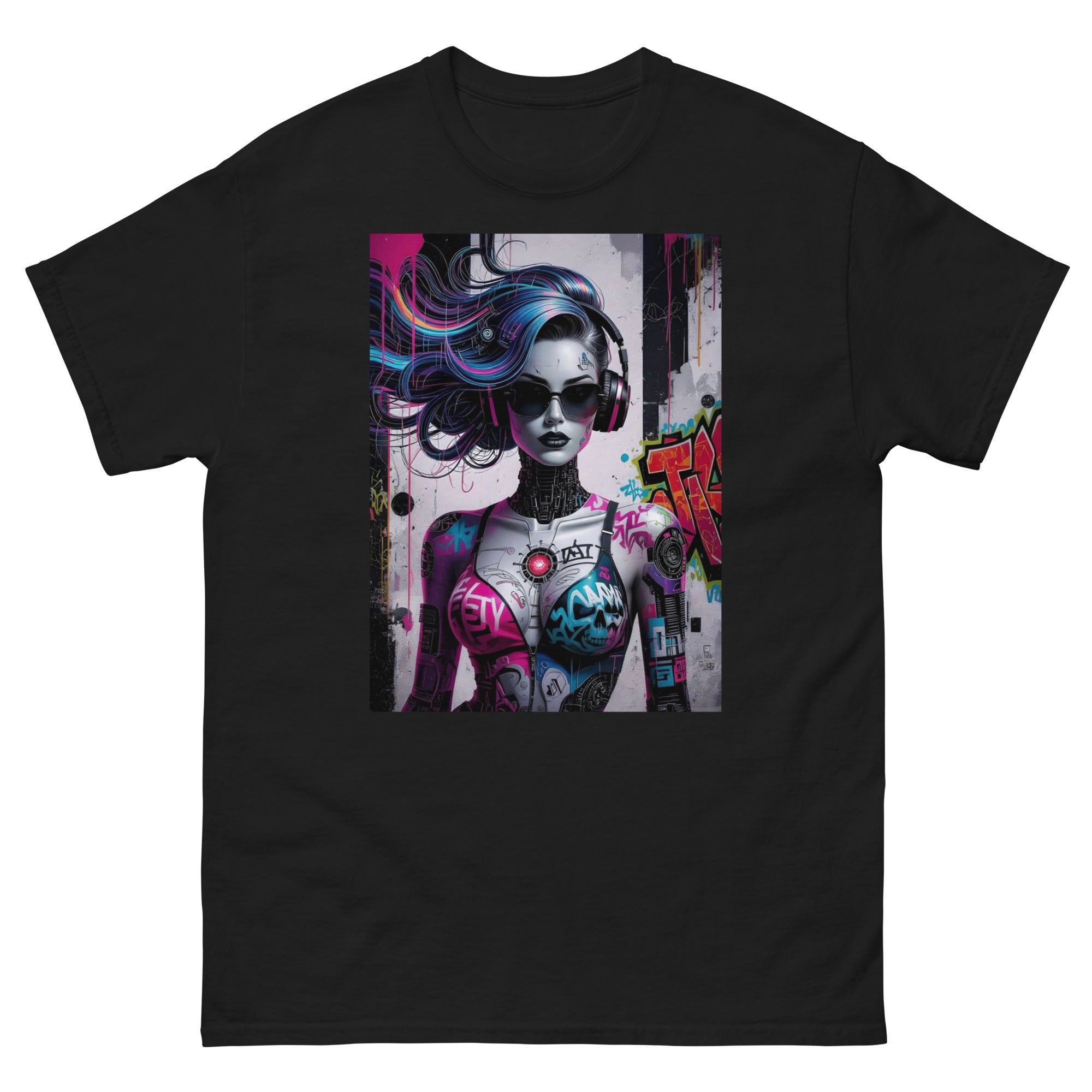 Black t-shirt with a colorful graphic of a woman with tattoos and headphones on a white background