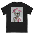 Black t-shirt with a graphic design of a person wearing a school uniform and helmet with pink flowers on a white background.