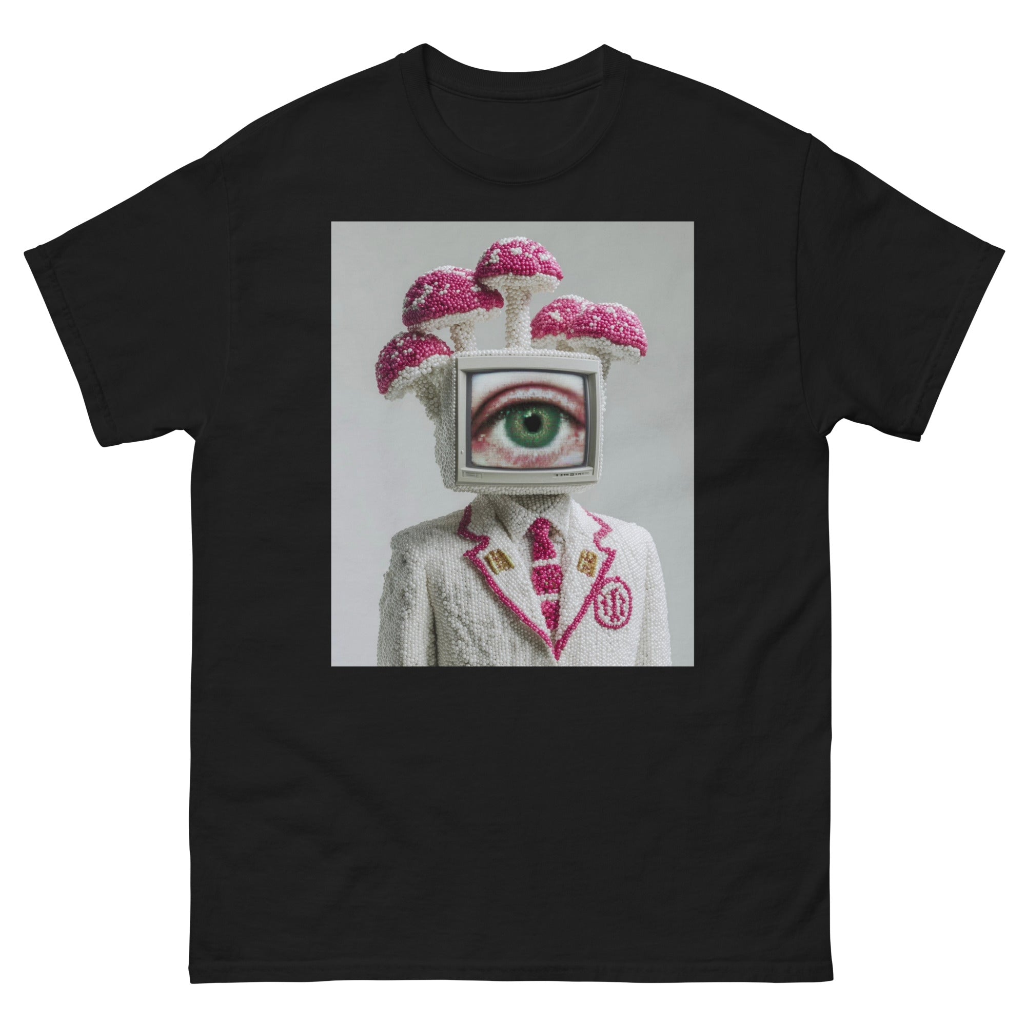 Black t-shirt with a graphic design of a person wearing a school uniform and helmet with pink flowers on a white background.