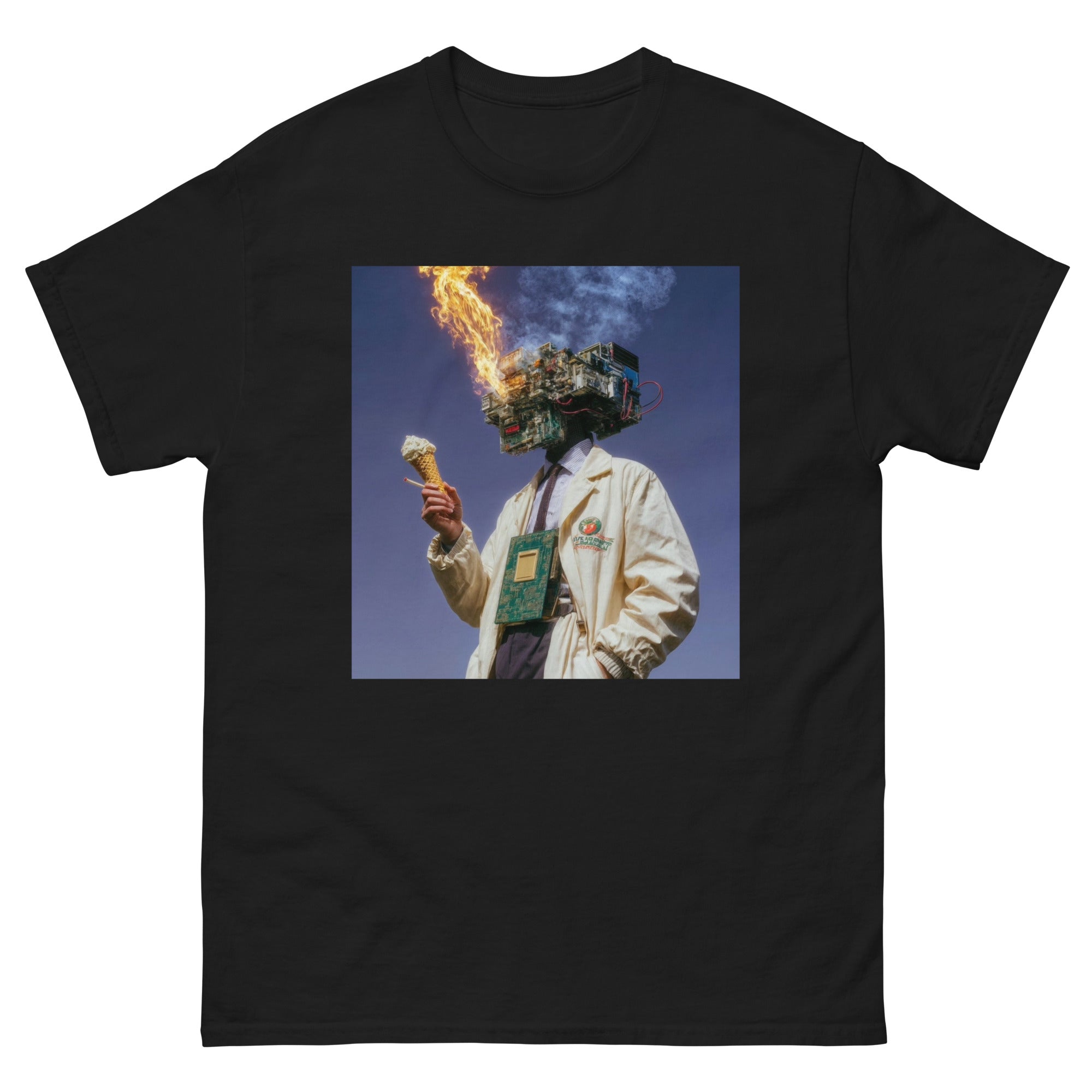 Black t-shirt with a graphic of a person holding a flaming object against a blue sky.