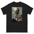 Black t-shirt with a graphic of a person wearing a helmet with flames and smoke, holding money.