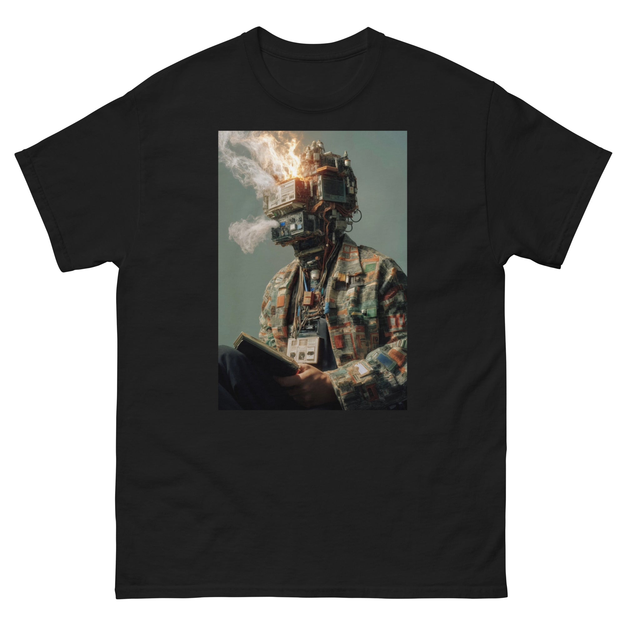 Black t-shirt with a graphic of a person wearing a helmet with flames and smoke, holding money.