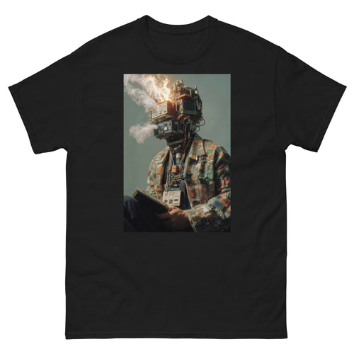 Black t-shirt with a graphic of a person wearing a helmet with flames and smoke, holding money.