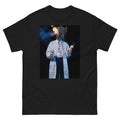 Black t-shirt with a graphic of a person in a lab coat holding a test tube on a white background
