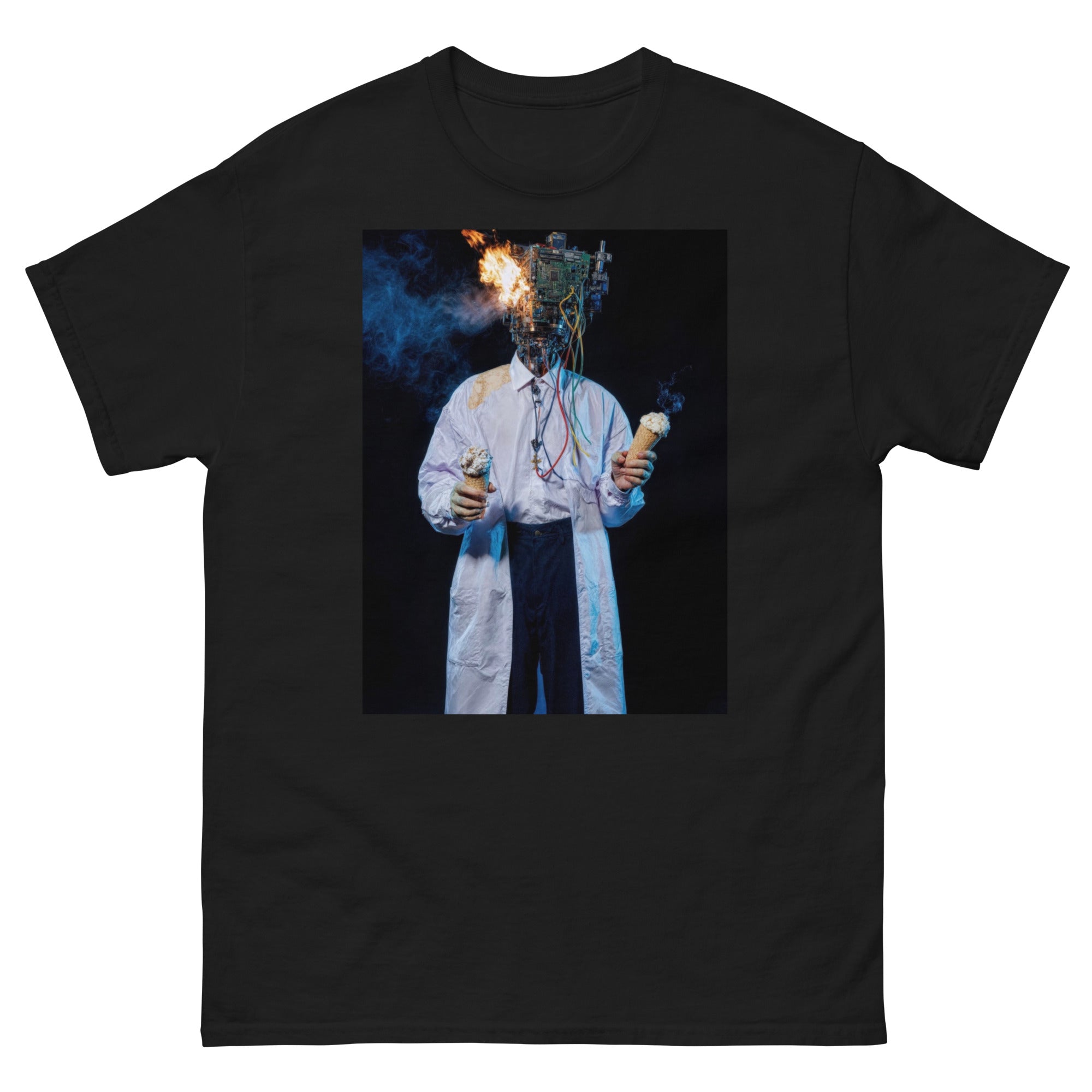 Black t-shirt with a graphic of a person in a lab coat holding a test tube on a white background