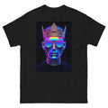 Black t-shirt with a colorful graphic of a face wearing a crown on a white background