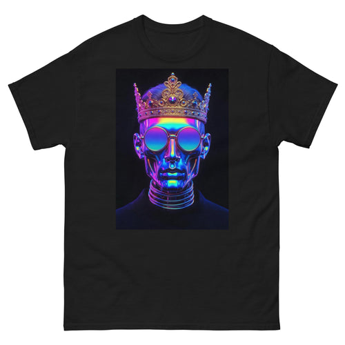 Black t-shirt with a colorful graphic of a face wearing a crown on a white background