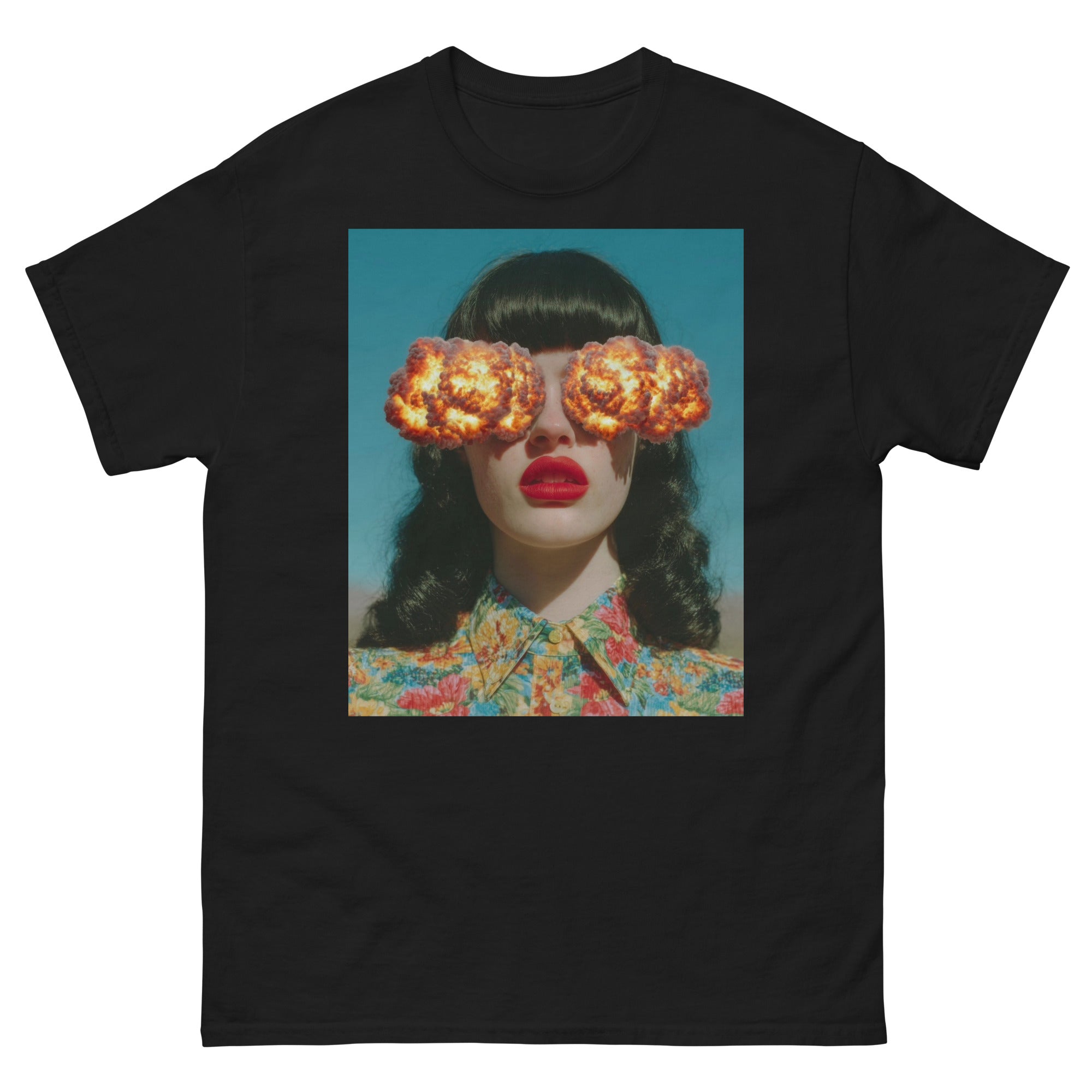 Black t-shirt with a graphic of a woman with fiery eyes and red lipstick on a blue background.