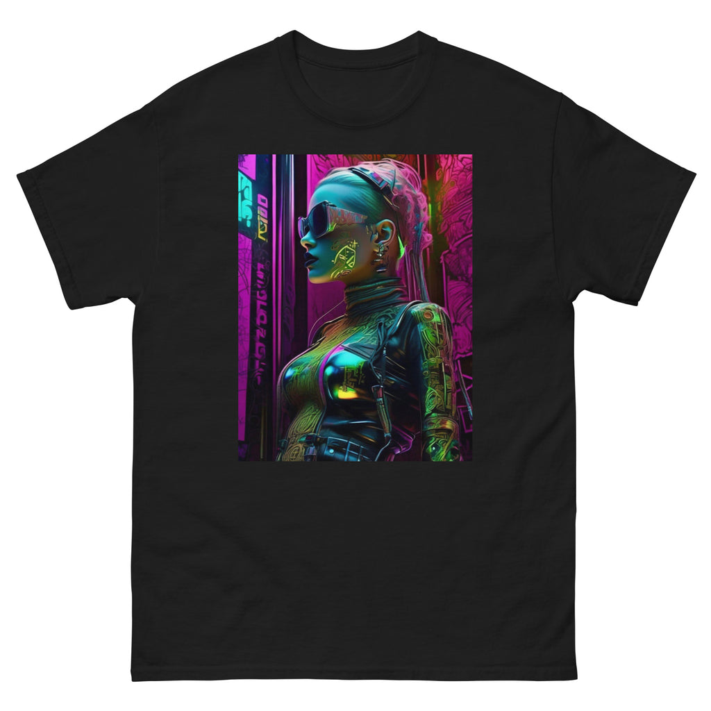 Black t-shirt with a colorful cyberpunk-themed graphic on a white background
