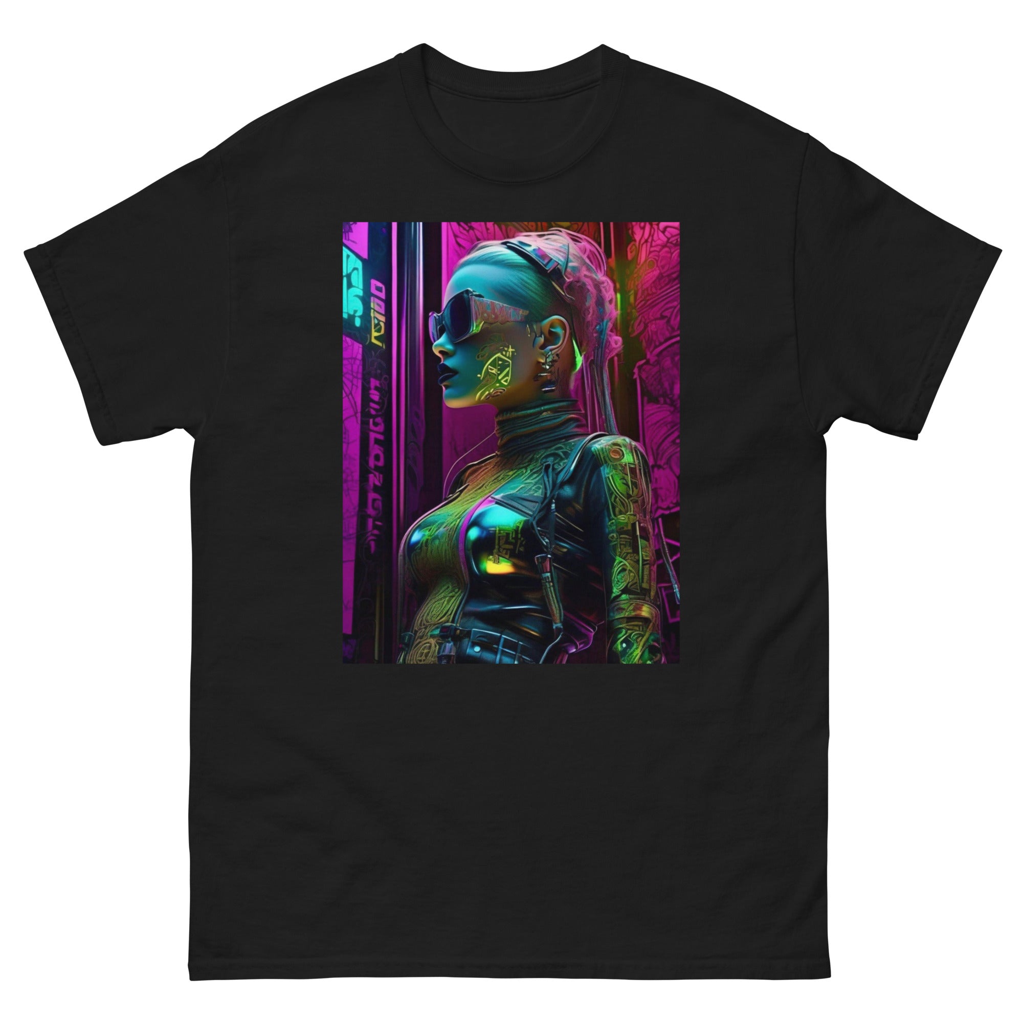 Black t-shirt with a colorful cyberpunk-themed graphic on a white background