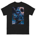 Black t-shirt with a robot graphic on a white background