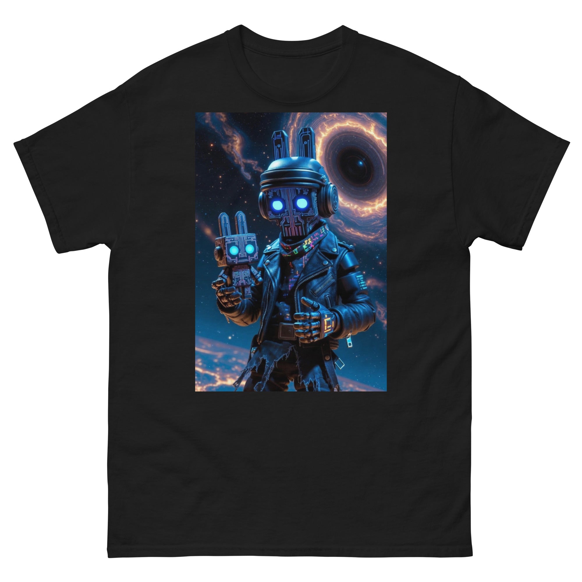 Black t-shirt with a robot graphic on a white background