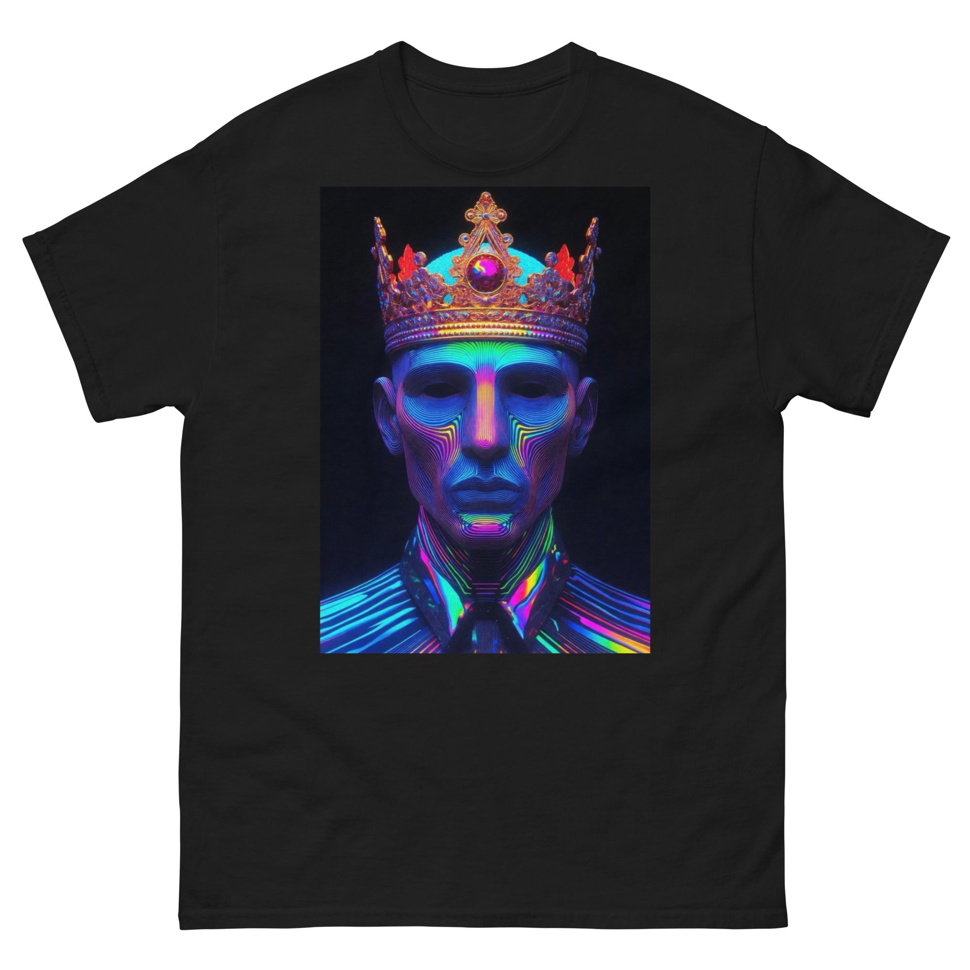 Black t-shirt with a colorful graphic of a person wearing a crown on a white background