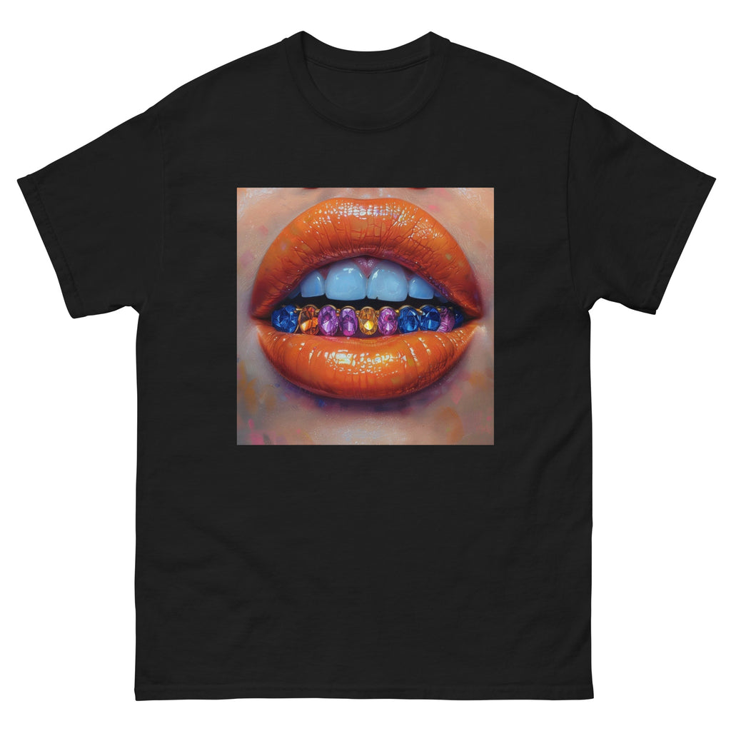 Black t-shirt with a graphic of colorful lips on a white background