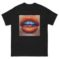 Black t-shirt with a graphic of colorful lips on a white background