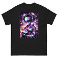 Black t-shirt with a colorful robot design on a white background